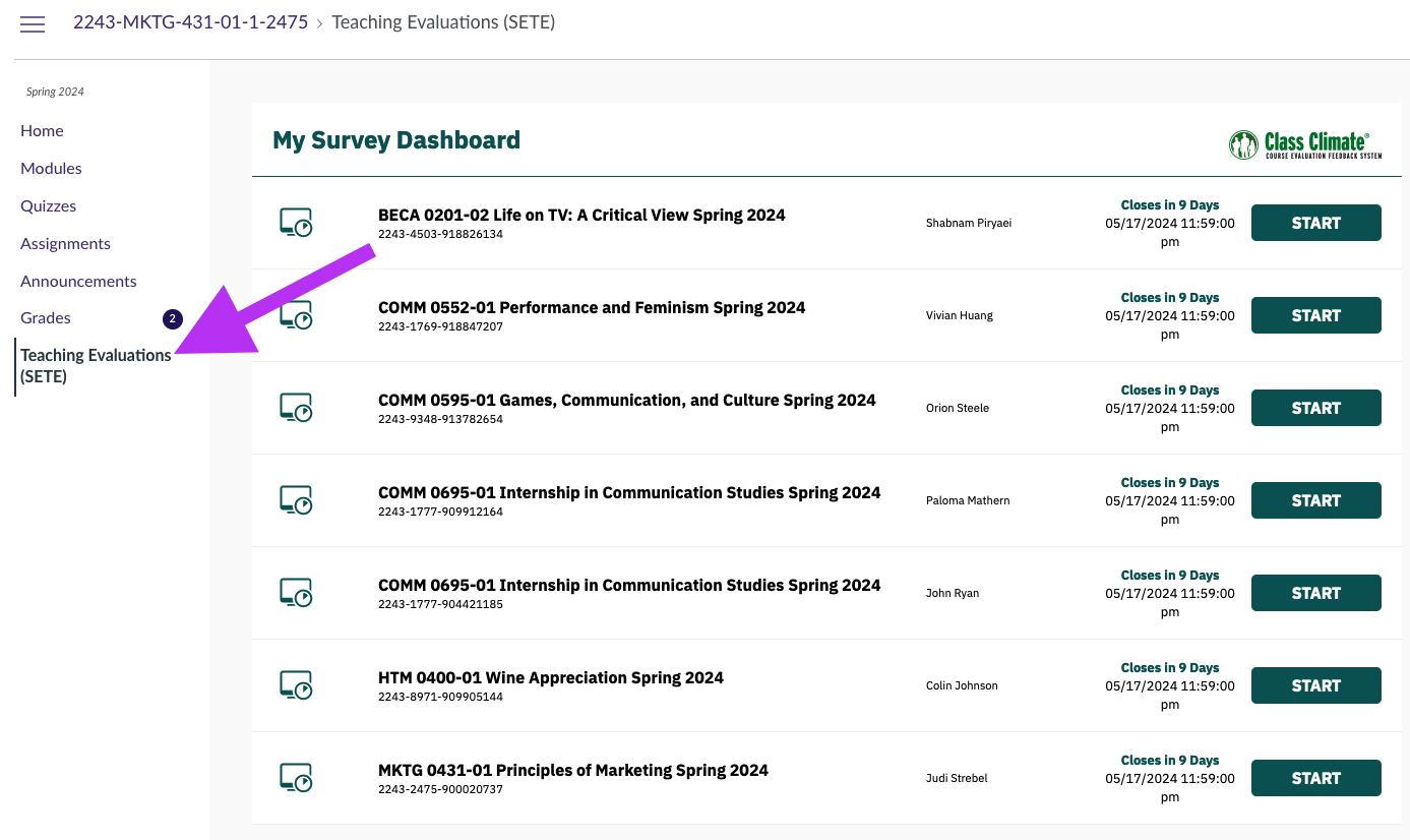 The Canvas integration shows a list of courses to be evaluated